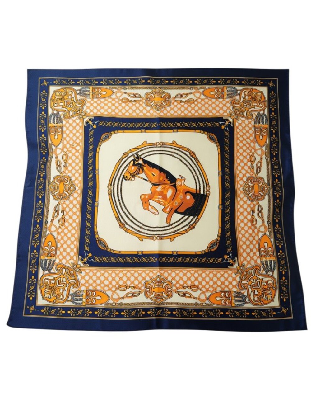 Equestrian Chain Print Silk Scarf Navy Gold Cream Bag Scarf 20x20